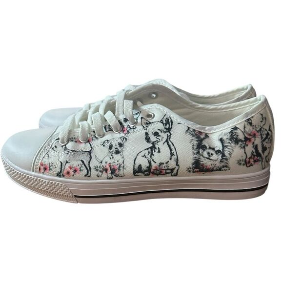 Chihuahua size 9 White Canvas Sneakers Lace Up Low-Top Casual shoes floral - Picture 6 of 10